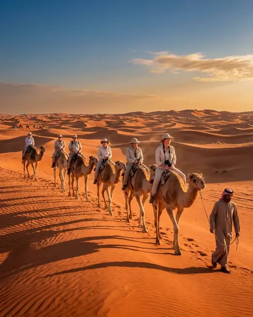 Group of tourists on camel backs crossing the desert