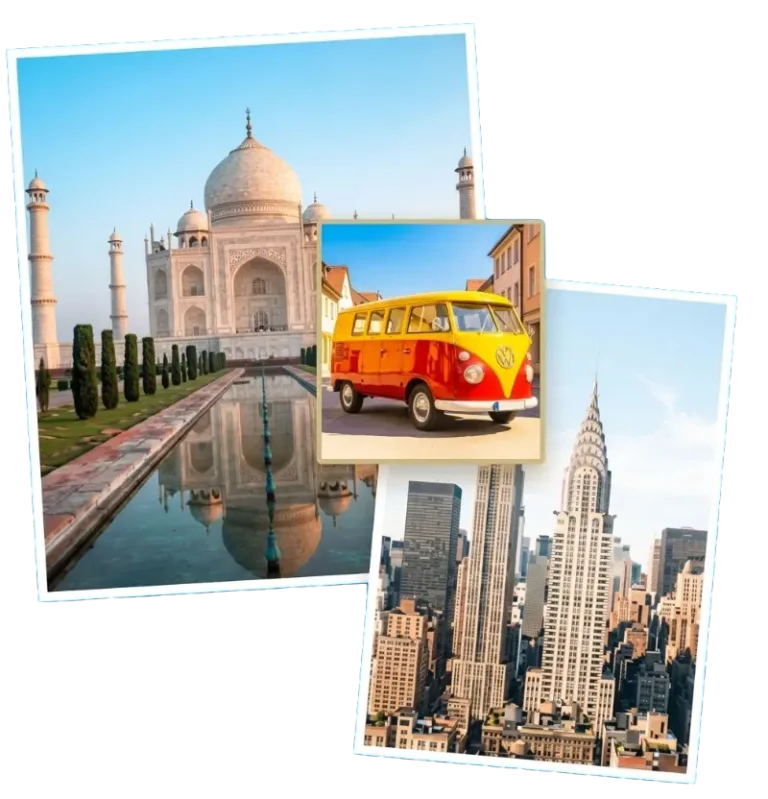 Pictures of travel destinations with a van on the middle