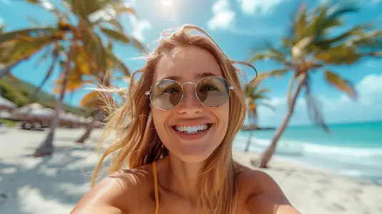 Woman selfie on a beach with palm trees