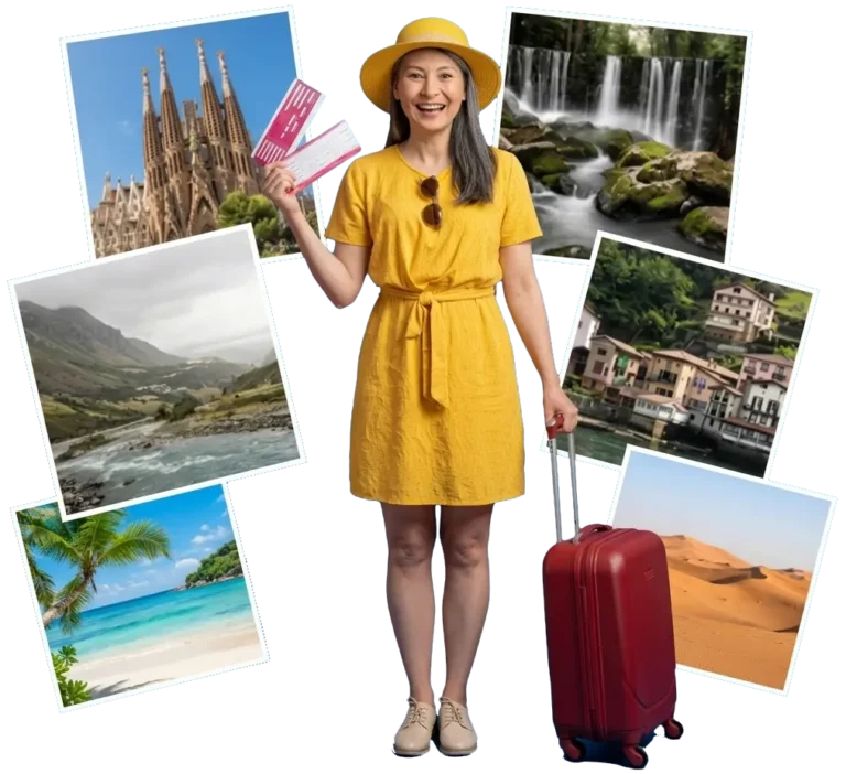 Woman in yellow dress ready to travel with a red bag
